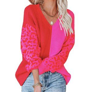 ANCAPELION Women’s V Neck Sweater Pullover Leopard Long Sleeve Basic Color Block